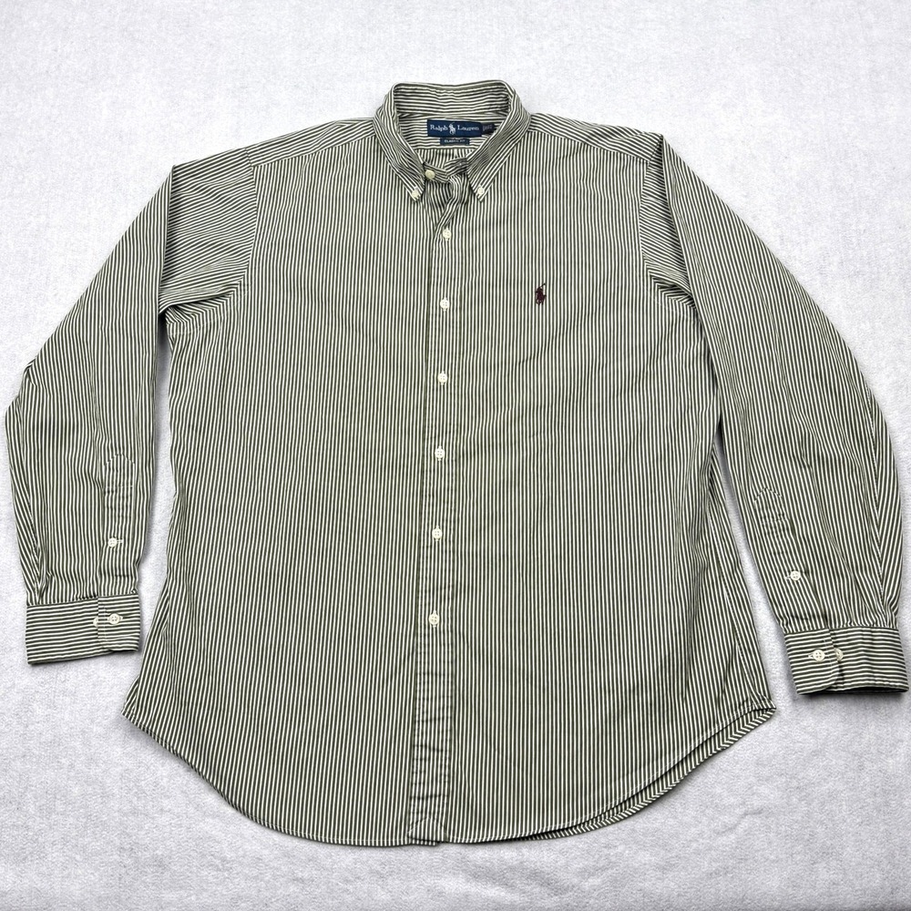 Ralph Lauren Shirt Mens 16.5 34 35 Green White Striped Classic Fit Button Down